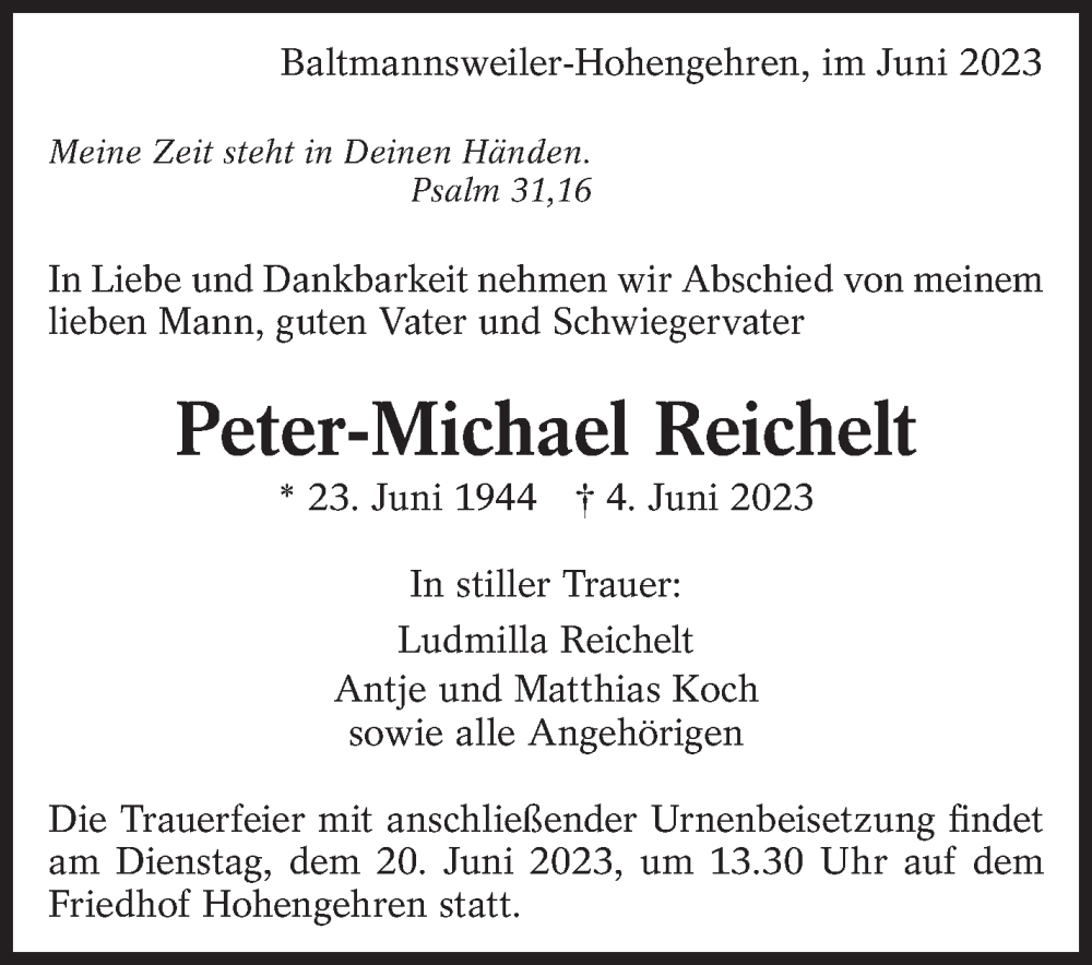  Traueranzeige für Peter-Michael Reichelt vom 14.06.2023 aus Eßlinger Zeitung/Cannstatter Zeitung