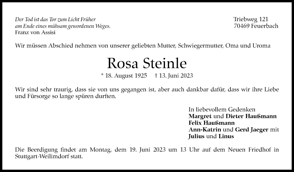  Traueranzeige für Rosa Steinle vom 17.06.2023 aus Eßlinger Zeitung/Cannstatter Zeitung