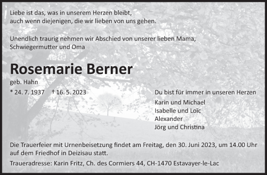 Traueranzeige von Rosemarie Berner von Eßlinger Zeitung/Cannstatter Zeitung