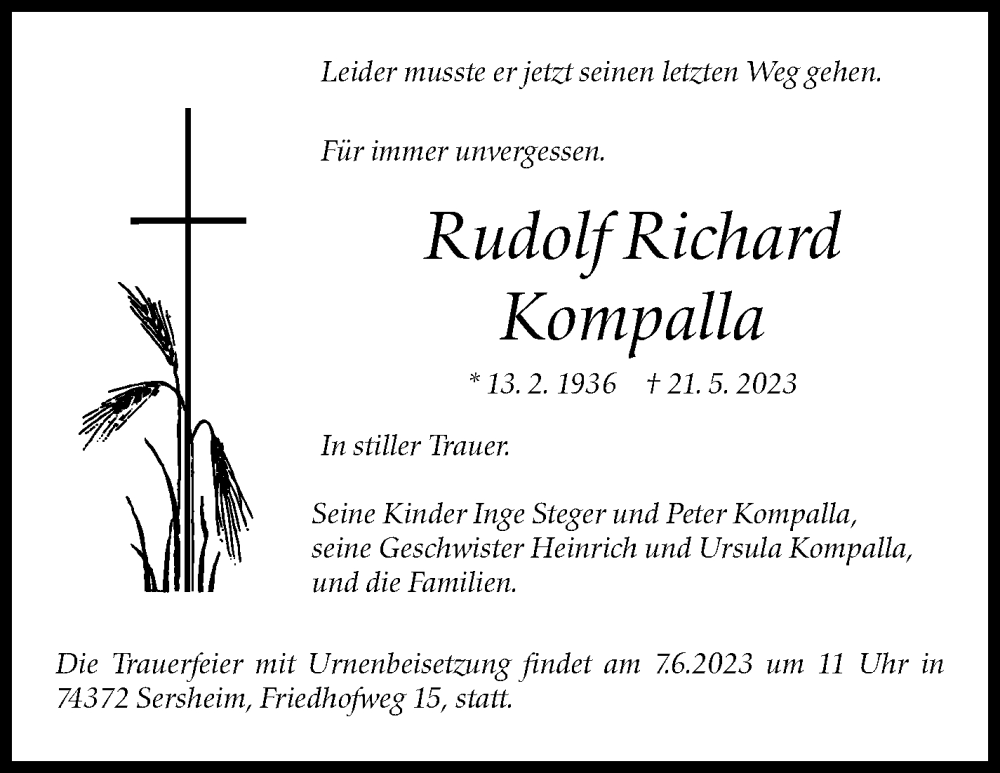  Traueranzeige für Rudolf Kompalla vom 03.06.2023 aus Eßlinger Zeitung/Cannstatter Zeitung