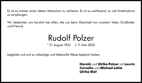 Traueranzeige von Rudolf Polzer von Eßlinger Zeitung/Cannstatter Zeitung