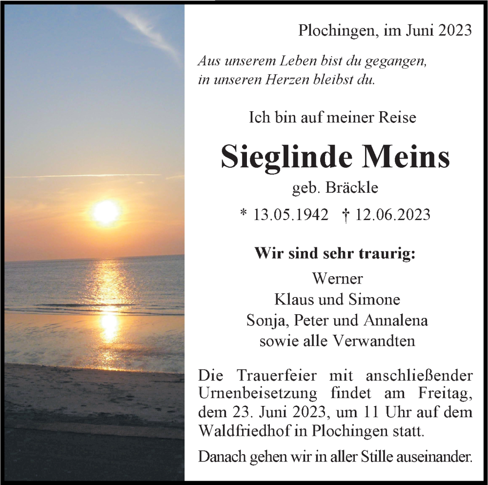  Traueranzeige für Sieglinde Meins vom 17.06.2023 aus Eßlinger Zeitung/Cannstatter Zeitung