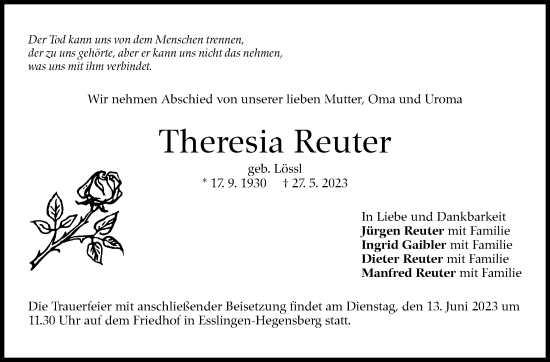 Traueranzeige von Theresia Reuter von Eßlinger Zeitung/Cannstatter Zeitung