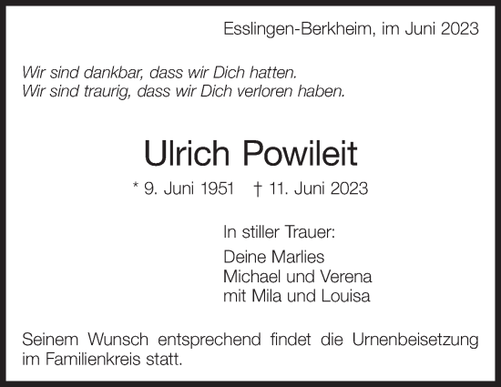 Traueranzeige von Ulrich Powileit von Eßlinger Zeitung/Cannstatter Zeitung