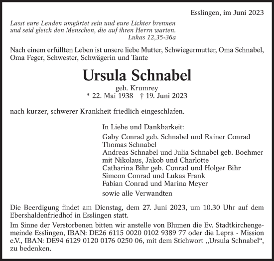 Traueranzeige von Ursula Schnabel von Eßlinger Zeitung/Cannstatter Zeitung