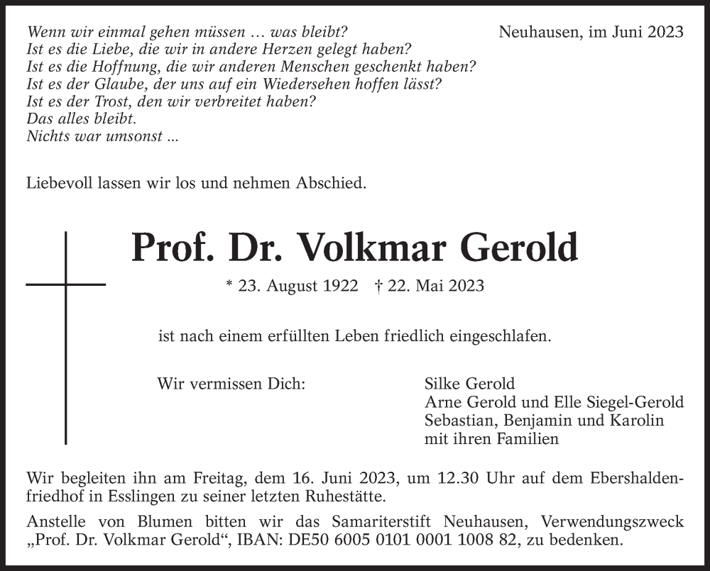  Traueranzeige für Volkmar Gerold vom 09.06.2023 aus Eßlinger Zeitung/Cannstatter Zeitung