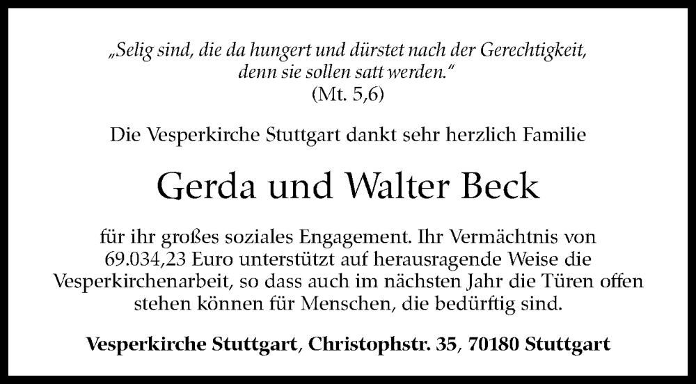  Traueranzeige für Walter Beck vom 17.06.2023 aus Eßlinger Zeitung/Cannstatter Zeitung