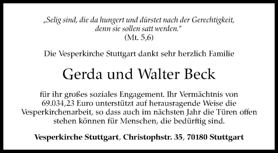 Traueranzeige von Walter Beck von Eßlinger Zeitung/Cannstatter Zeitung