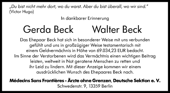 Traueranzeige von Walter Beck von Eßlinger Zeitung/Cannstatter Zeitung