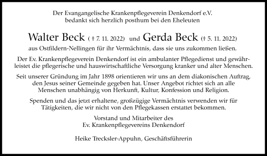 Traueranzeige von Walter Beck von Eßlinger Zeitung/Cannstatter Zeitung