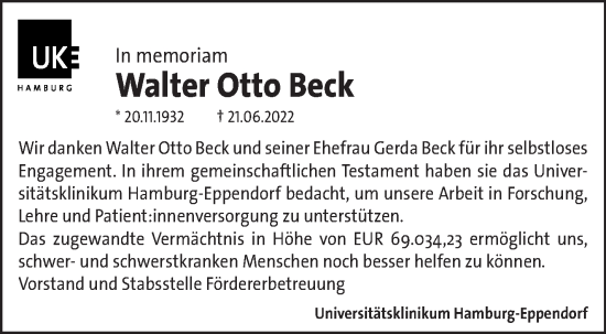 Traueranzeige von Walter Otto  Beck von Eßlinger Zeitung/Cannstatter Zeitung