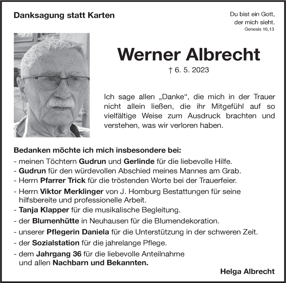  Traueranzeige für Werner Albrecht vom 17.06.2023 aus Eßlinger Zeitung/Cannstatter Zeitung