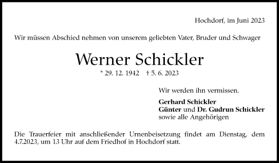 Traueranzeige von Werner Schiekler von Eßlinger Zeitung/Cannstatter Zeitung