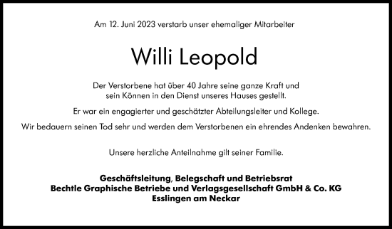 Traueranzeige von Willi Leopold von Eßlinger Zeitung/Cannstatter Zeitung