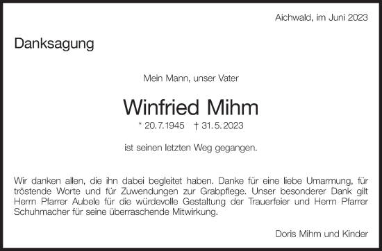 Traueranzeige von Winfried Mihm von Eßlinger Zeitung/Cannstatter Zeitung