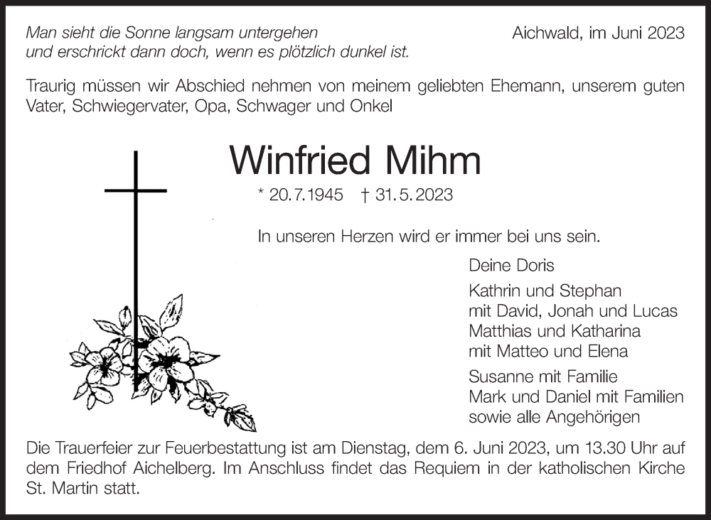  Traueranzeige für Winfried Mihm vom 03.06.2023 aus Eßlinger Zeitung/Cannstatter Zeitung