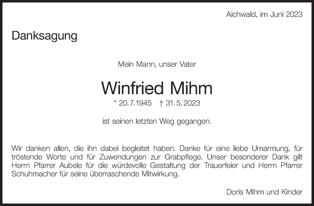  Traueranzeige für Winfried Mihm vom 17.06.2023 aus Eßlinger Zeitung/Cannstatter Zeitung