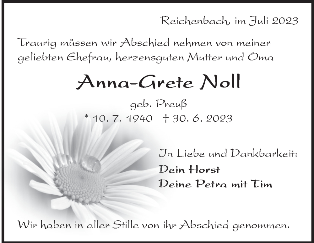  Traueranzeige für Anna-Grete Noll vom 13.07.2023 aus Eßlinger Zeitung/Cannstatter Zeitung