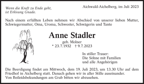 Traueranzeige von Anne Stadler von Eßlinger Zeitung/Cannstatter Zeitung