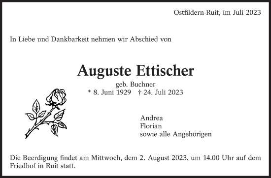 Traueranzeige von Auguste Ettischer von Eßlinger Zeitung/Cannstatter Zeitung
