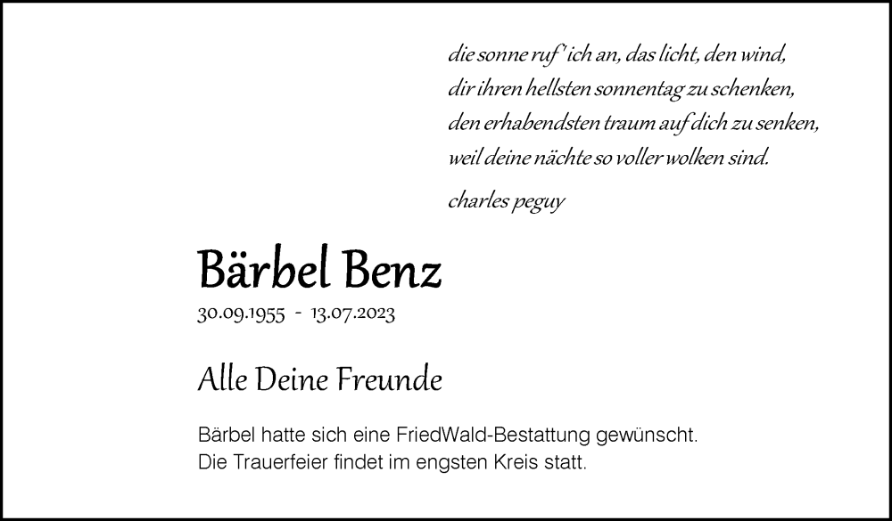  Traueranzeige für Bärbel Benz vom 20.07.2023 aus Eßlinger Zeitung/Cannstatter Zeitung