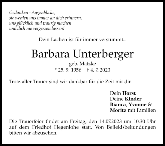 Traueranzeige von Barbara Unterberger von Eßlinger Zeitung/Cannstatter Zeitung