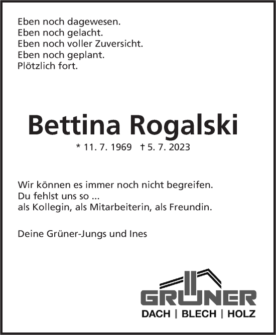 Traueranzeige von Bettina Rogalski von Eßlinger Zeitung/Cannstatter Zeitung