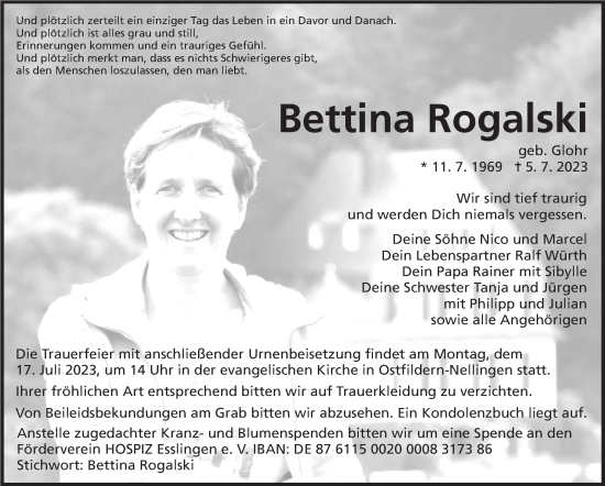Traueranzeige von Bettina Rogalski von Eßlinger Zeitung/Cannstatter Zeitung