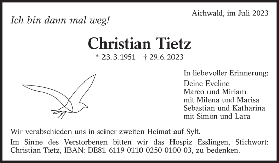Traueranzeige von Christian Tietz von Eßlinger Zeitung/Cannstatter Zeitung