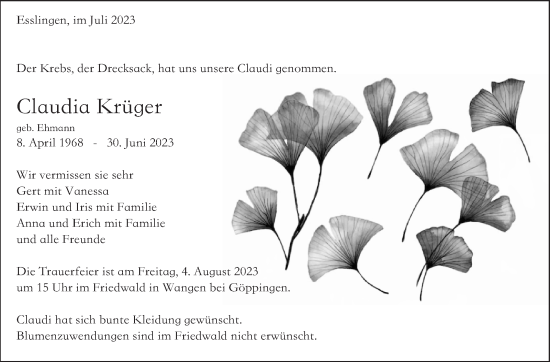 Traueranzeige von Claudia Krüger von Eßlinger Zeitung/Cannstatter Zeitung