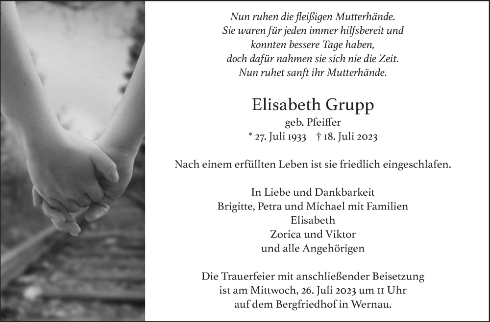  Traueranzeige für Elisabeth Grupp vom 22.07.2023 aus Eßlinger Zeitung/Cannstatter Zeitung
