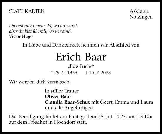 Traueranzeige von Erich Baar von Eßlinger Zeitung/Cannstatter Zeitung