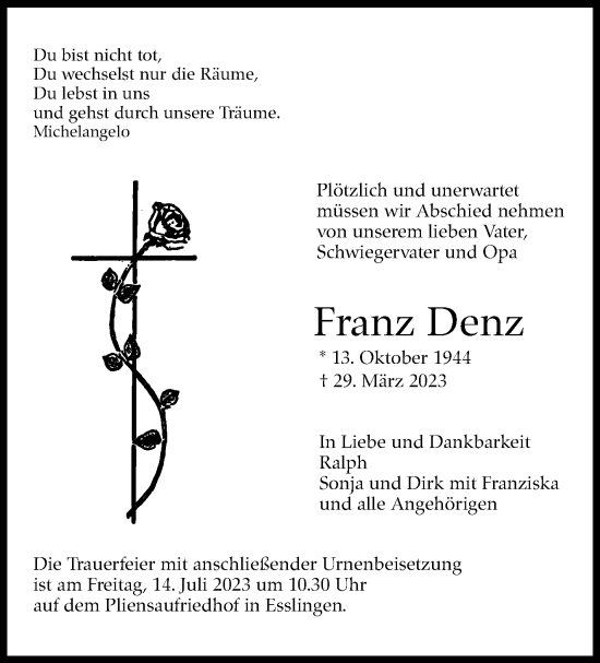 Traueranzeige von Franz Denz von Eßlinger Zeitung/Cannstatter Zeitung