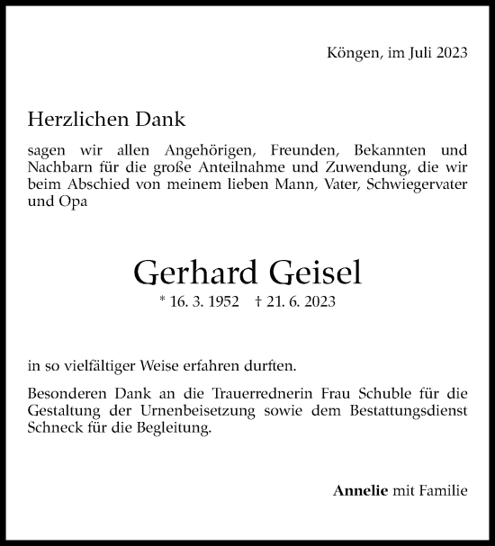 Traueranzeige von Gerhard Geisel von Eßlinger Zeitung/Cannstatter Zeitung