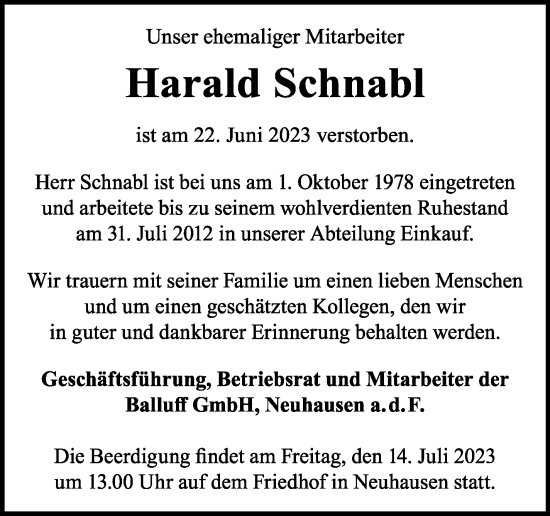Traueranzeige von Harald Schnabl von Eßlinger Zeitung/Cannstatter Zeitung