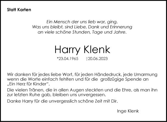 Traueranzeige von Harry Klenk von Eßlinger Zeitung/Cannstatter Zeitung