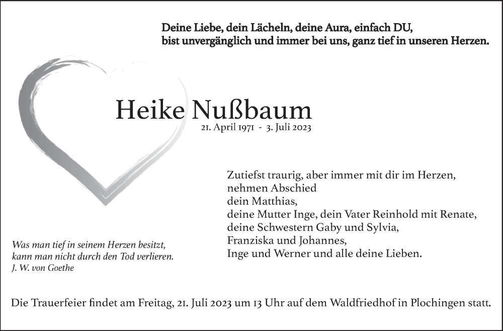  Traueranzeige für Heike Nußbaum vom 13.07.2023 aus Eßlinger Zeitung/Cannstatter Zeitung