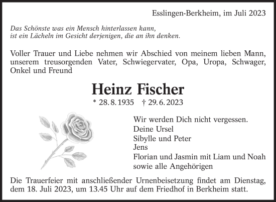 Traueranzeige von Heinz Fischer von Eßlinger Zeitung/Cannstatter Zeitung