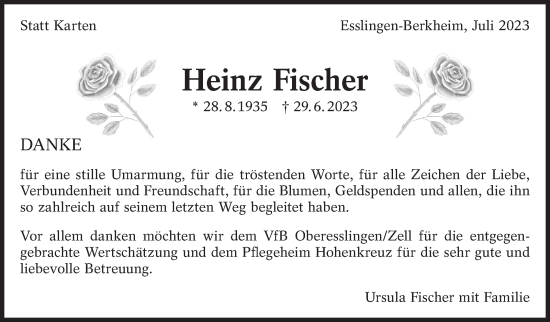 Traueranzeige von Heinz Fischer von Eßlinger Zeitung/Cannstatter Zeitung