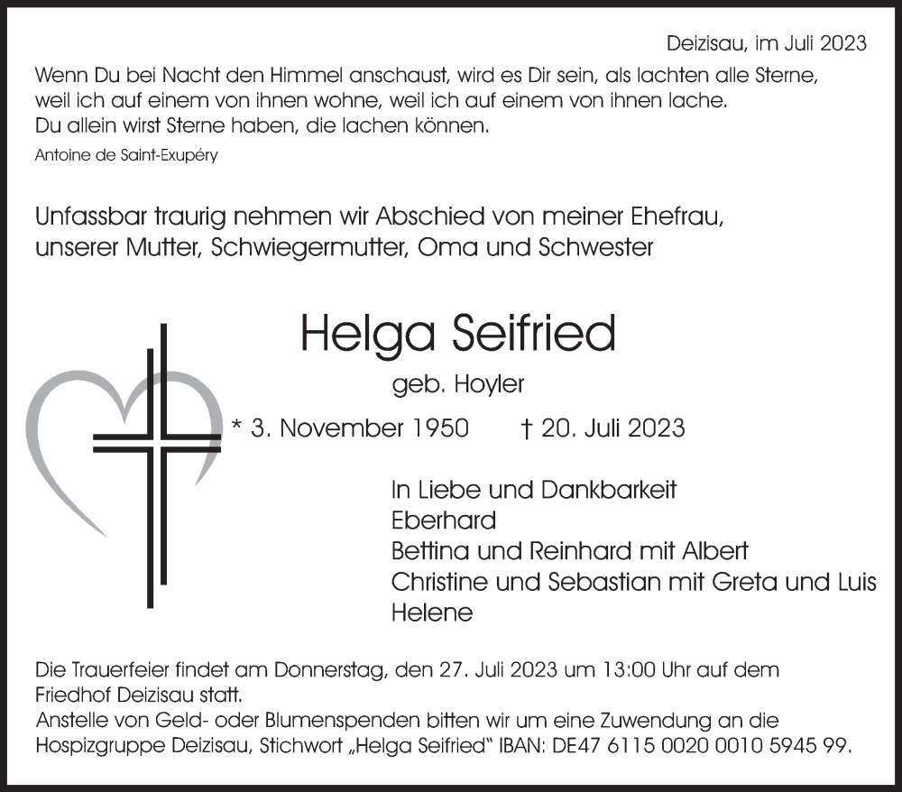  Traueranzeige für Helga Seifried vom 25.07.2023 aus Eßlinger Zeitung/Cannstatter Zeitung