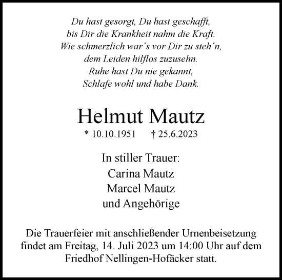 Traueranzeige von Helmut Mautz von Eßlinger Zeitung/Cannstatter Zeitung