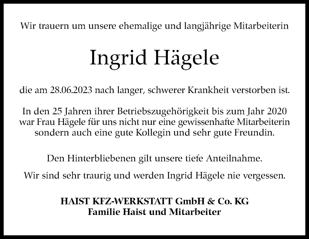  Traueranzeige für Ingrid Hägele vom 07.07.2023 aus Eßlinger Zeitung/Cannstatter Zeitung