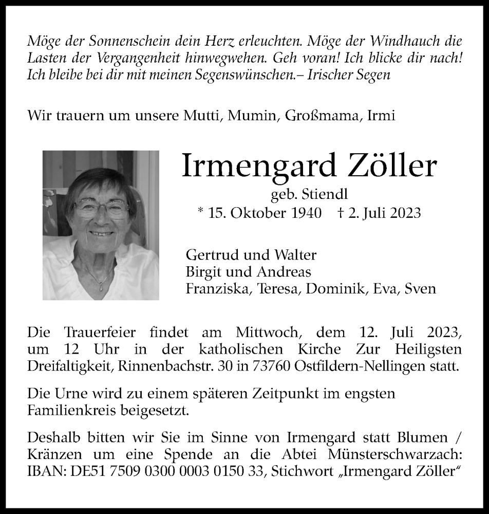  Traueranzeige für Irmengard Zöller vom 08.07.2023 aus Eßlinger Zeitung/Cannstatter Zeitung