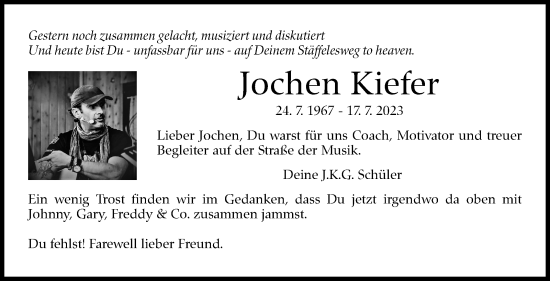 Traueranzeige von Jochen Kiefer von Eßlinger Zeitung/Cannstatter Zeitung