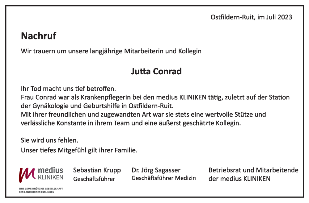  Traueranzeige für Jutta Conrad vom 22.07.2023 aus Eßlinger Zeitung/Cannstatter Zeitung