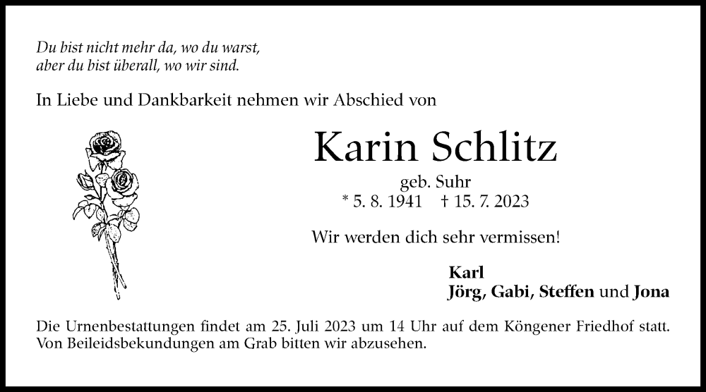  Traueranzeige für Karin Schlitz vom 22.07.2023 aus Eßlinger Zeitung/Cannstatter Zeitung