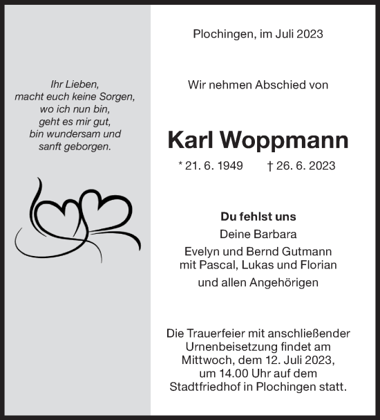 Traueranzeige von Karl Woppmann von Eßlinger Zeitung/Cannstatter Zeitung