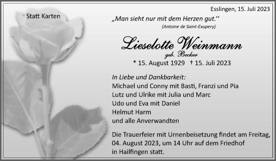 Traueranzeige von Lieselotte Weinmann von Eßlinger Zeitung/Cannstatter Zeitung