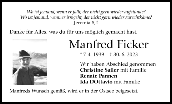 Traueranzeige von Manfred Ficker von Eßlinger Zeitung/Cannstatter Zeitung