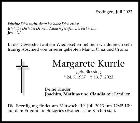 Traueranzeige von Margarete Kurrle von Eßlinger Zeitung/Cannstatter Zeitung
